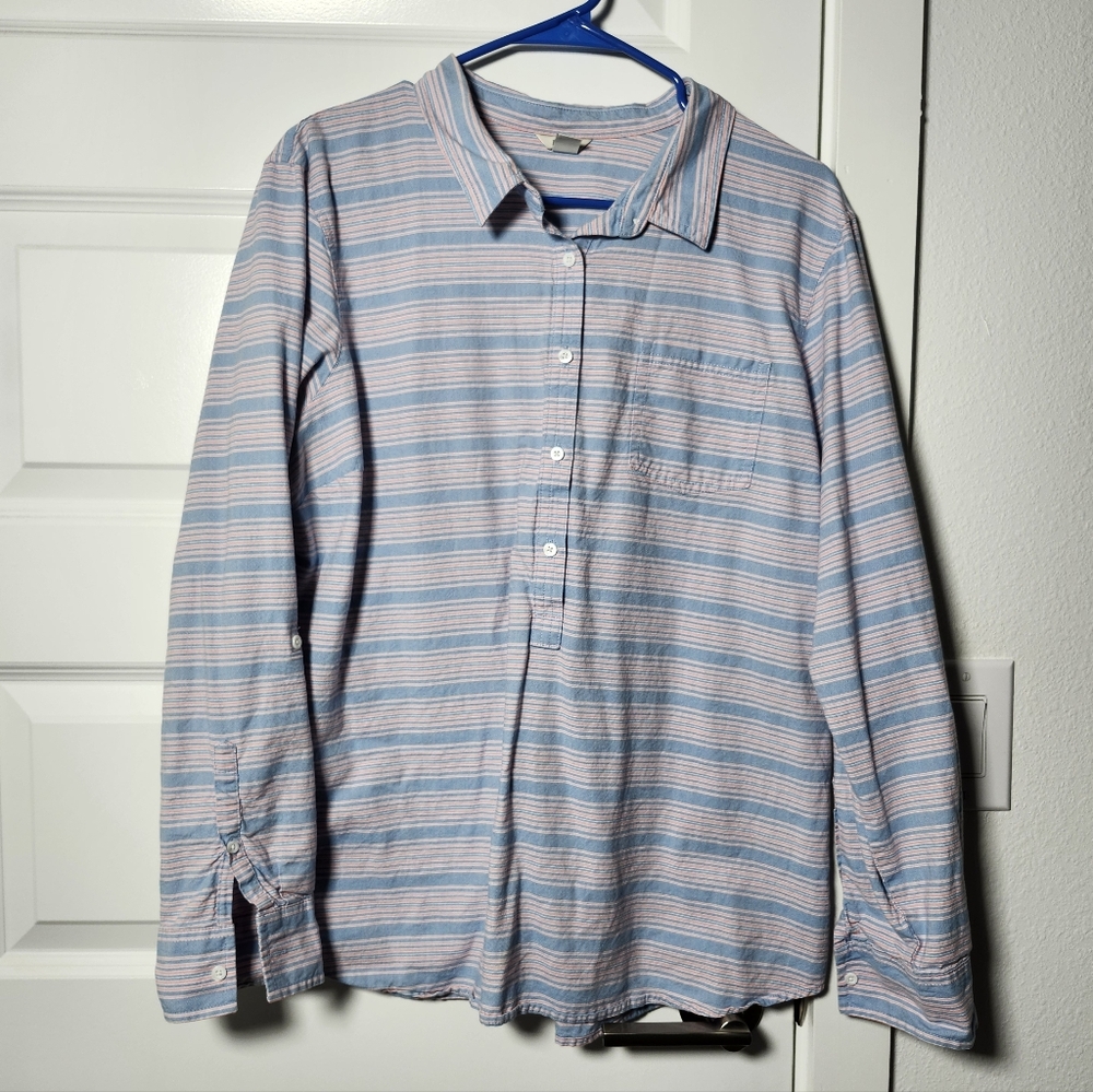 LL BEAN Blouse Top Womens XL Popover Roll Tab Long Sleeve Striped Blue - Picture 2 of 7